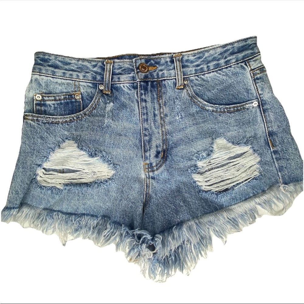 Forever 21 F21 Distressed Raw Hem High Rise Denim Jean Shorts Size 28